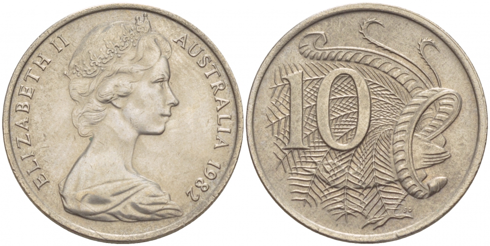 Австралия 10 центов 1982 Елизавета II (1952-), птица лирахвост KM 65 медно-никель UNC 4539-1121