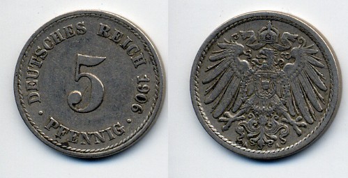 ГЕРМАНИЯ 5 ПФЕННИГОВ 1906 A, KM 11, J. 12 медно-никель 76-219