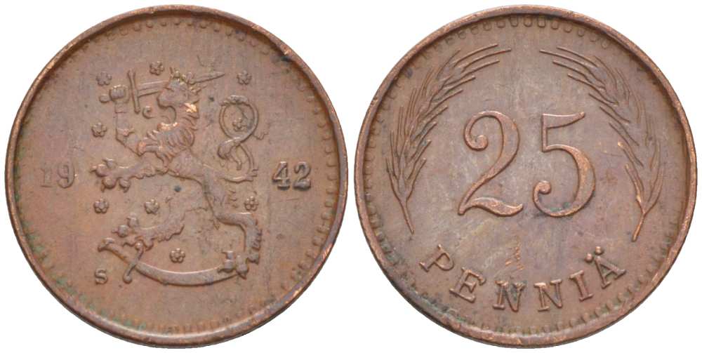 ФИНЛЯНДИЯ 25 ПЕННИ 1942 s KM 25а медь 217-1043