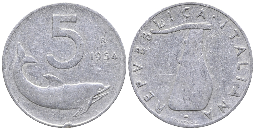 ИТАЛИЯ 5 ЛИР 1954 R, РУЛЬ, ДЕЛЬФИН KM 92 алюминий 34-316