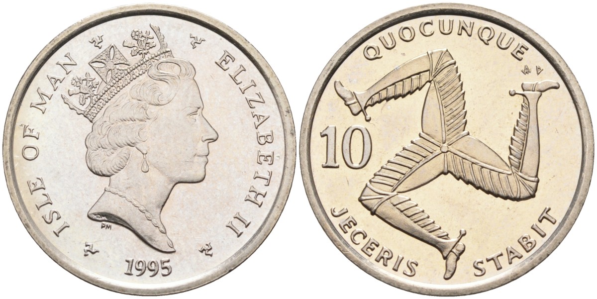 Остров Мэн 10 пенсов 1995 РМ, АD, герб, Елизавета II (1952) KM 209.1 медно-никель BUNC 4582-424