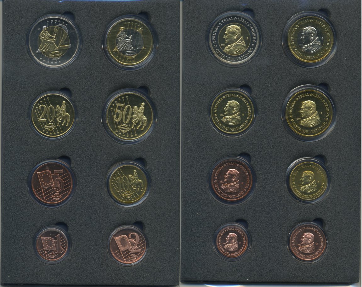 Ватикан евронабор из 8 монет 2006 большой формат, Бенедикт XVI, европробники, сертификат, капсулы     UNC  5-6-2-17
