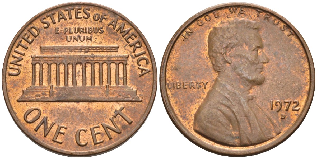 США 1 цент 1972 D, Линкольн KM 201 медь цинк 4115-916