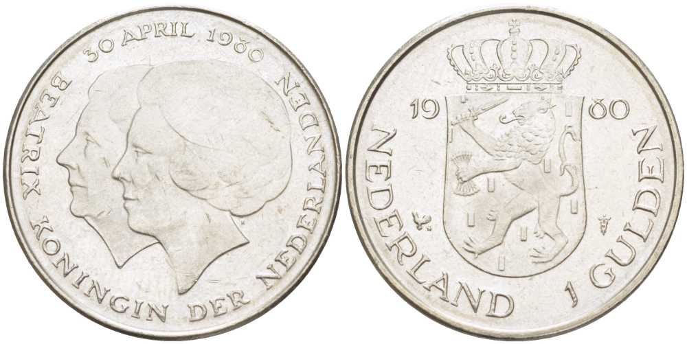 Нидерланды 1 гульден 1980 на коронацию Беатрикс, 30 апреля 1980 KM 200 никель 213-1243