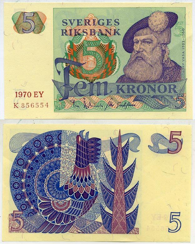 Швеция 5 крон 1970 EY, Густав I Ваза Pick 51b бумага aUNC 445-47-3