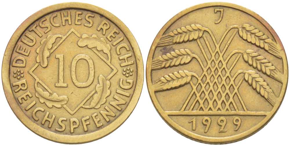 ГЕРМАНИЯ 10 РЕЙХСПФЕННИГОВ 1929 J KM 40, J. 317 алюминиевая бронза 202-317