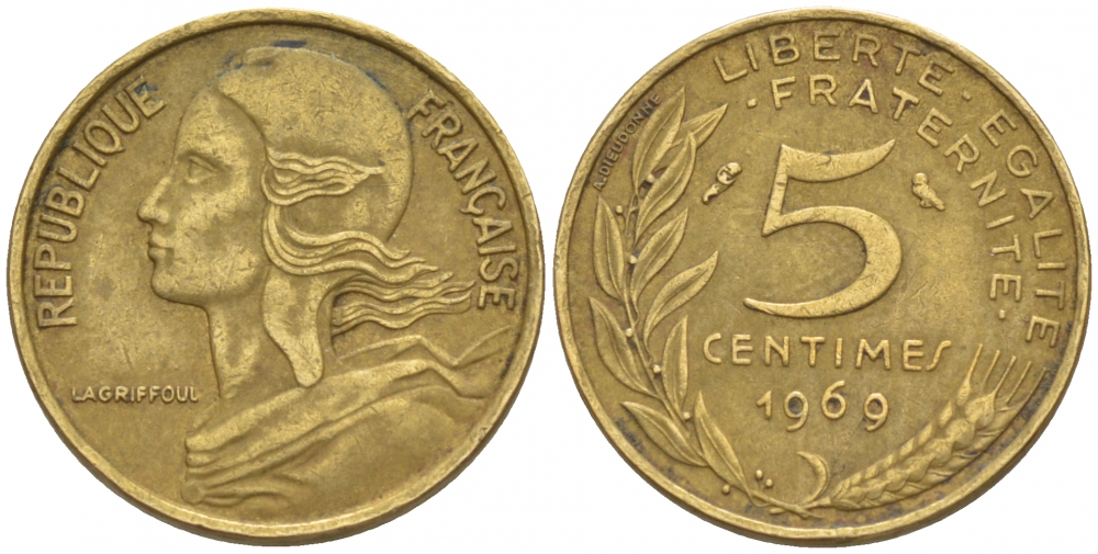 ФРАНЦИЯ 5 САНТИМОВ 1969 ТИП MARIANNE KM 933 медь алюминий никель 4547-1124