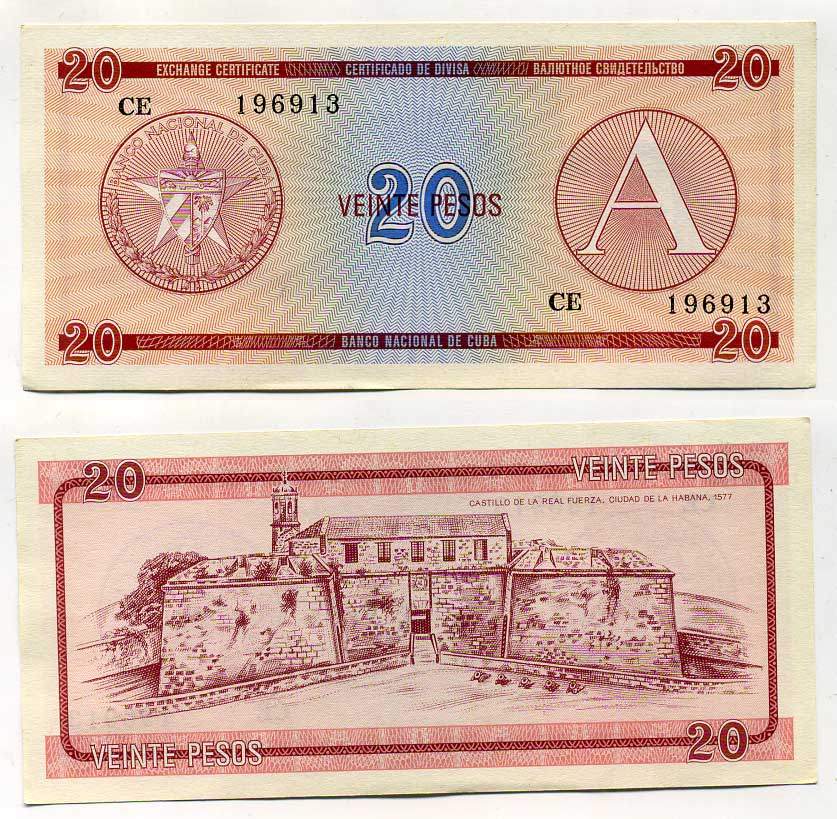 Куба, валютный сертификат 20 песо ND (1985) серия A, красная Pick FX 5 бумага aUNC 444-93-2-2