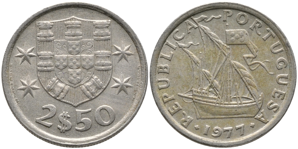 ПОРТУГАЛИЯ 2,5 ЭСКУДО 1977 ПАРУСНИК KM 590 медно-никель 99-1159