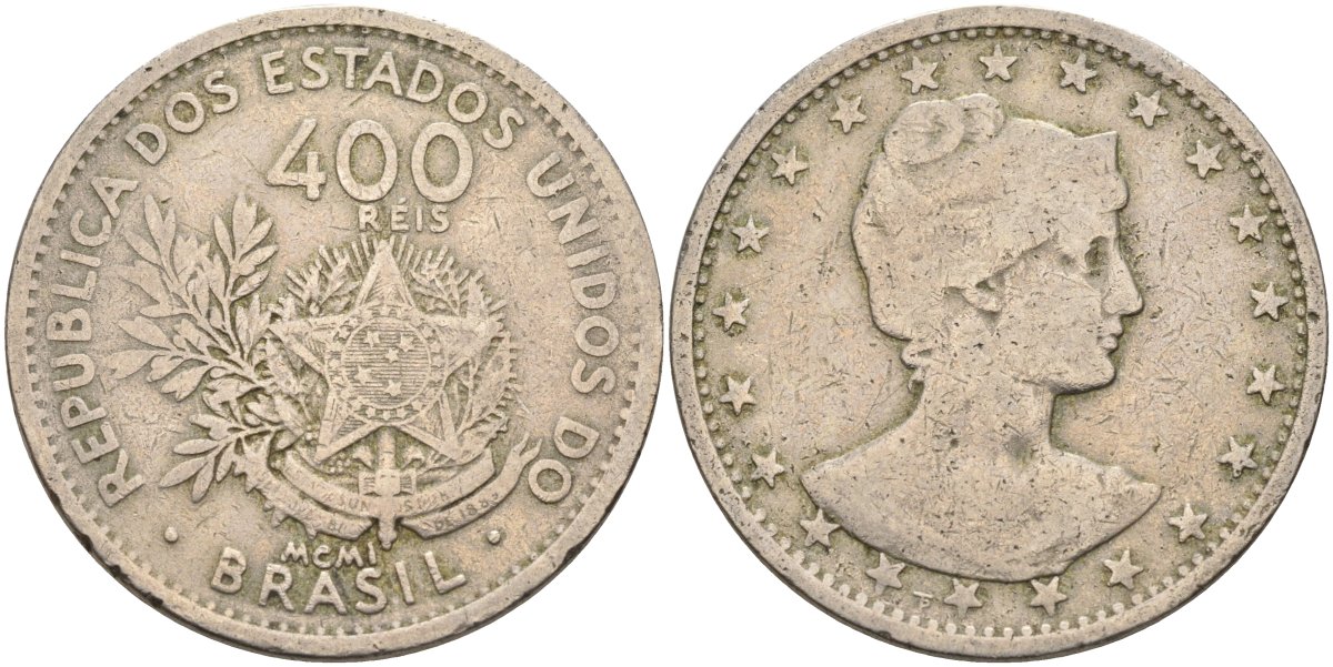 Бразилия 400 рейс 1901 голова свободы вправо KM 505 медно-никель 4367-213