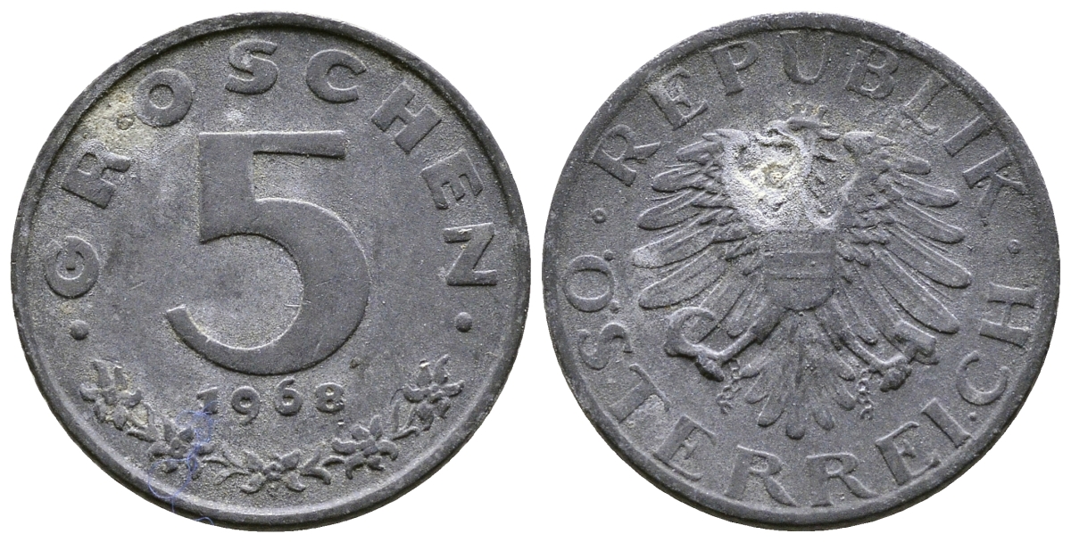 АВСТРИЯ 5 ГРОШЕЙ 1968 KM 2875 цинк 57-1119