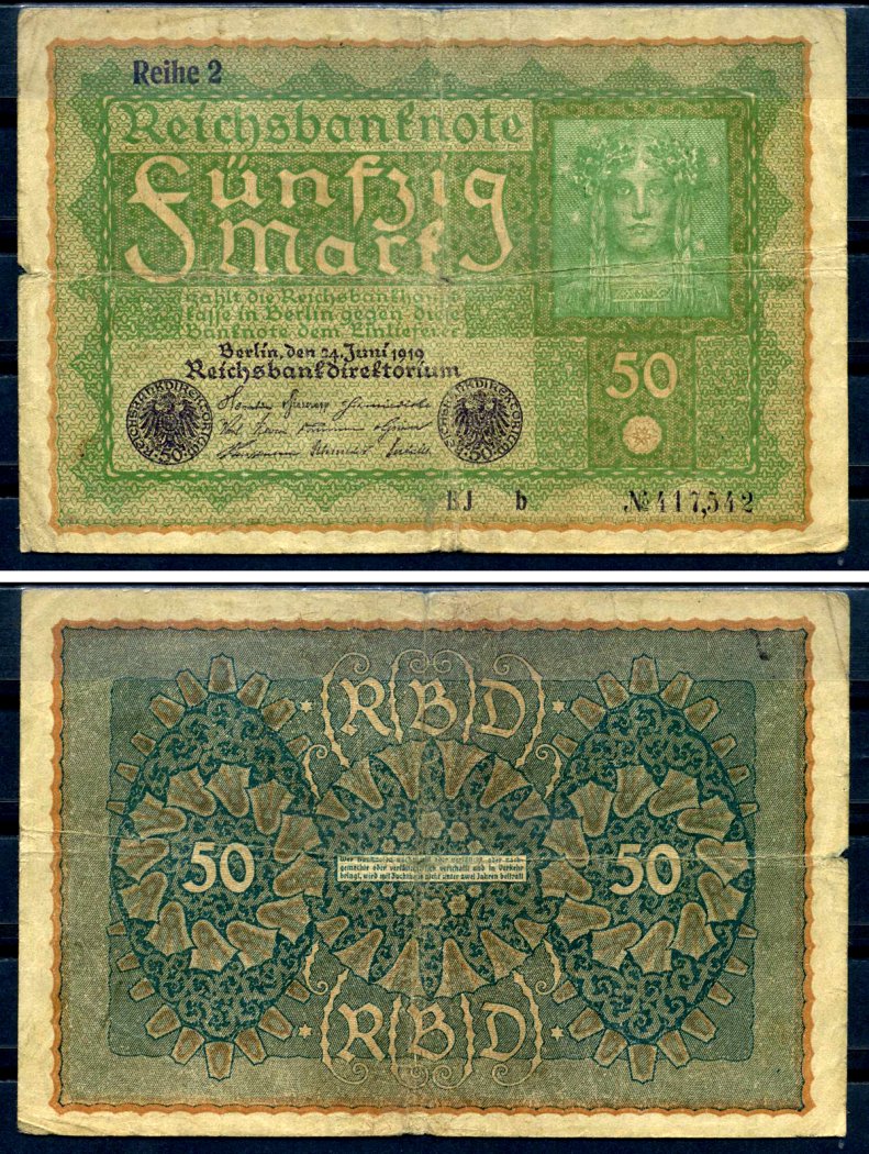 Германия 50 марок 1919 24 июня 1919, reihe I, серия BJ, выпуск с декабря 1919 года Pick 66 (2), Rosenberg 62b бумага 8619-28-2-2