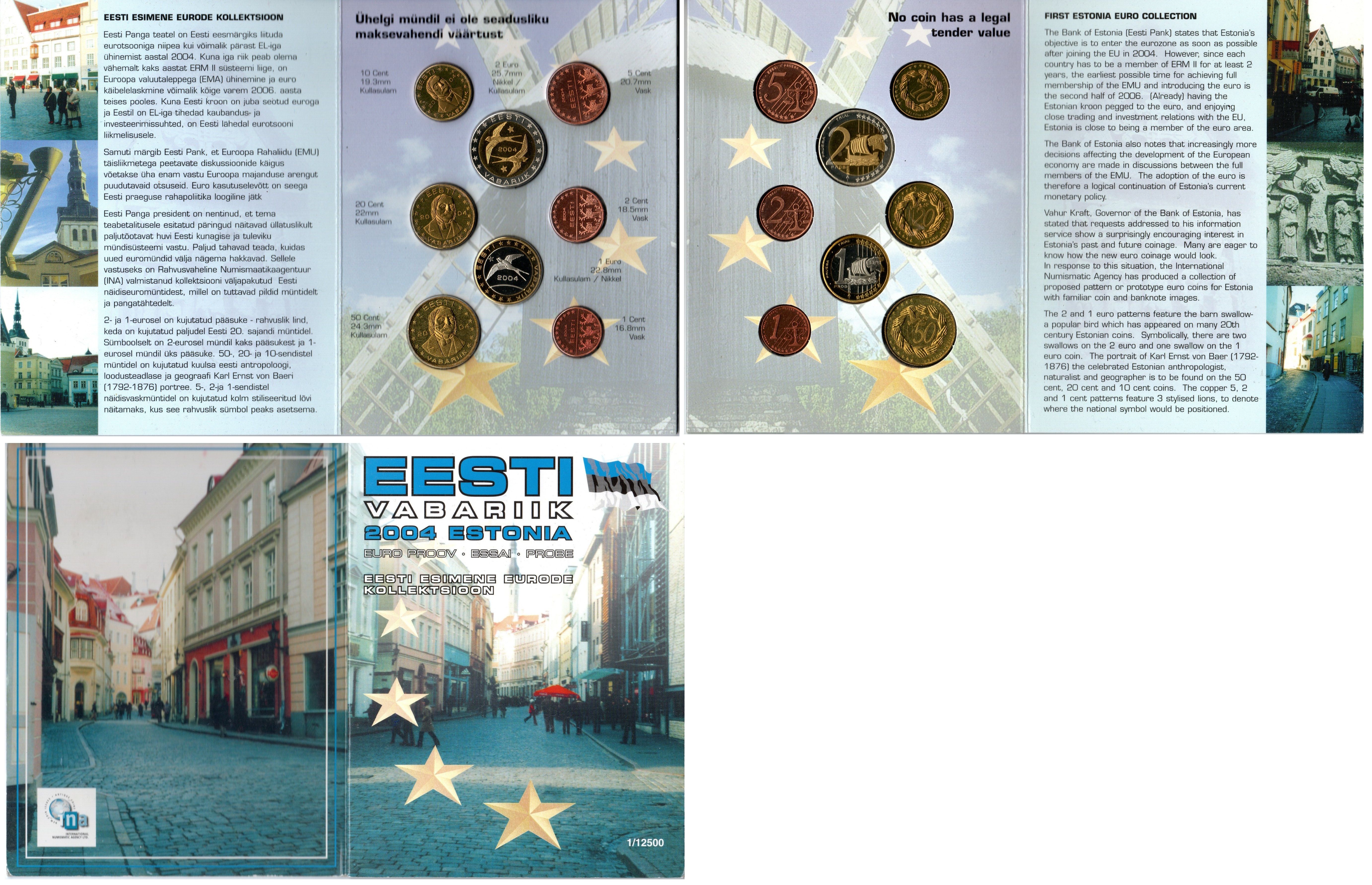 Эстония набор из 8 монет 2004 европробники, в оригинальном картонном буклете, тираж 12500 экз UNC 2-4-1-30
