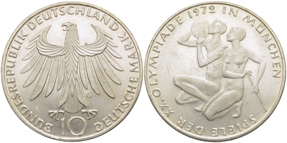ФРГ 10 марок 1972 G, XX летние Олимпийские Игры, Мюнхен 1972, спортсмены KM 132, J. 403 серебро 603-1314