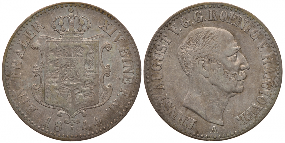 Брауншвейг-Каленберг-Ганновер 1 талер 1844 A, Эрнст Август (1837-1851) КМ 197.1, Jaeger 69, Thun 164, AKS 105, Kahnt 232 серебро 00-809-29