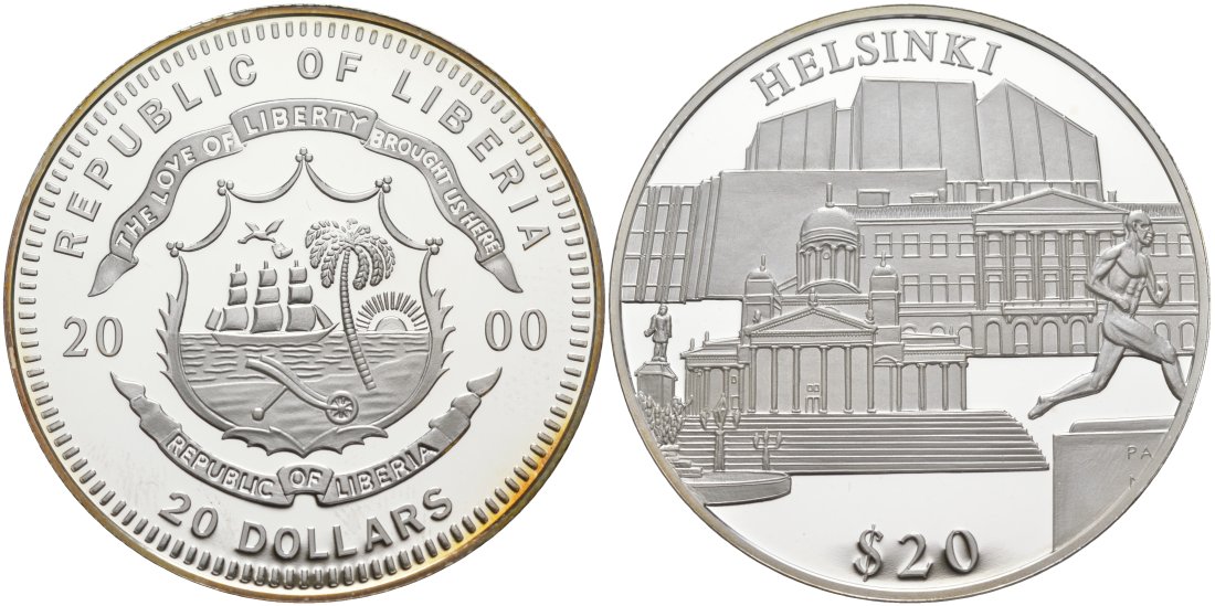 Либерия 20 долларов 2000 серия памятники архитектуры, Хельсинки серебро PROOF 01-168-24