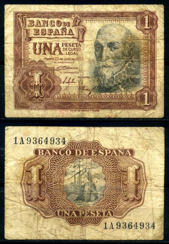 Испания 1 песета 1953 22 июля 1953, Мигель де Санта Круз Pick 144а бумага 7207-40-1-2