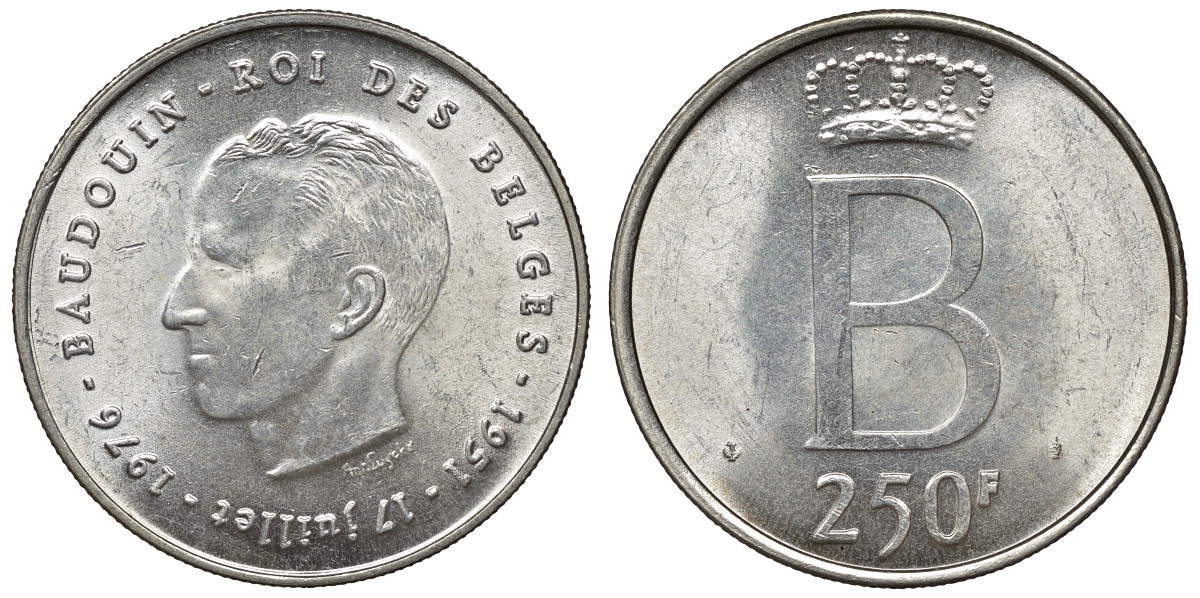 Бельгия 250 франков 1976 25 лет правления Бодуэна I, der Belges KM 157.1 серебро  UNC  4368-633