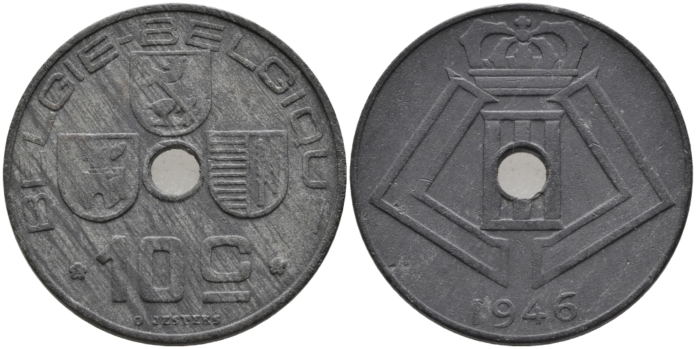 БЕЛЬГИЯ 10 САНТИМОВ 1946 BELGIE-BELGIQUE, ГЕРМАНСКАЯ ОККУПАЦИЯ, ВТОРАЯ МИРОВАЯ ВОЙНА KM 126 цинк 3334-336