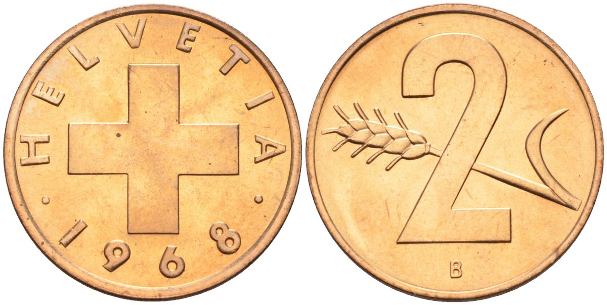 Швейцария 2 раппена 1968 В KM 47 бронза UNC 4566-232