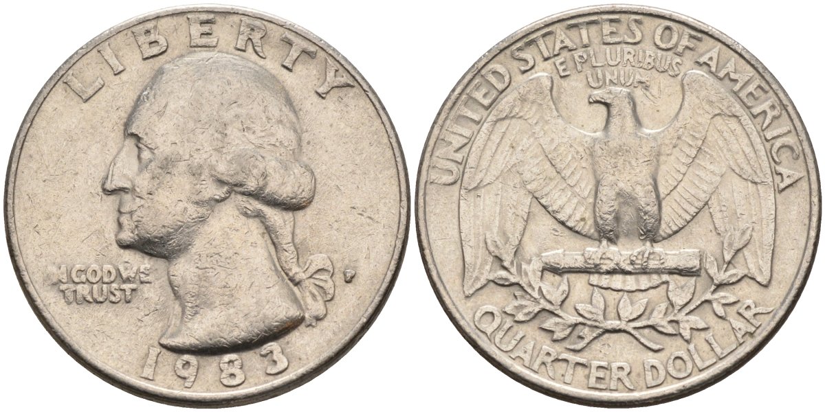 США 25 центов = квотер 1983 P, Вашингтон KM A164a медь плакированная медно-никелем 4584-1146