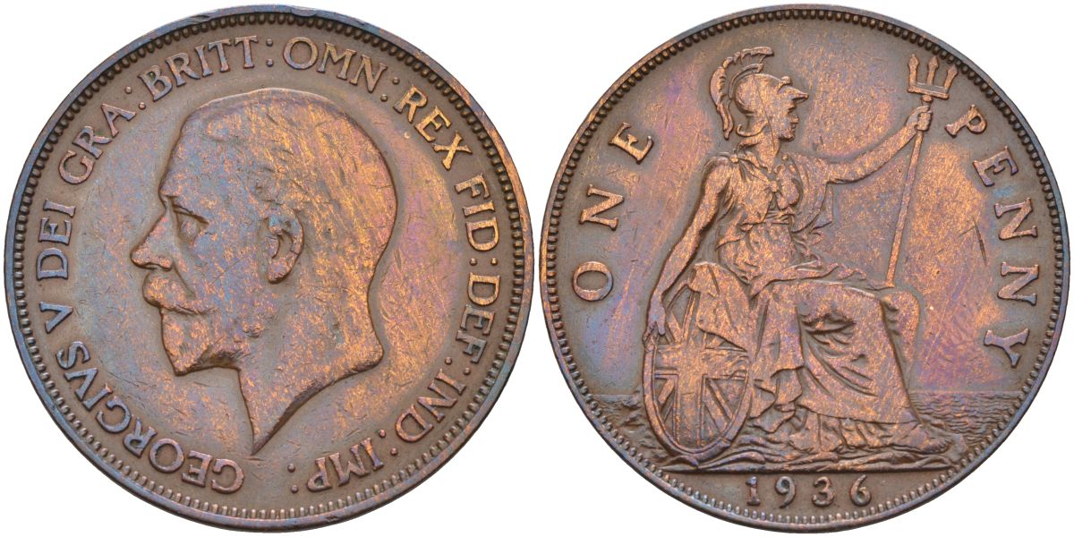 Великобритания 1 пенни 1936 Георг V (1910-1936) KM 838, Spink 4055 бронза 4117-831