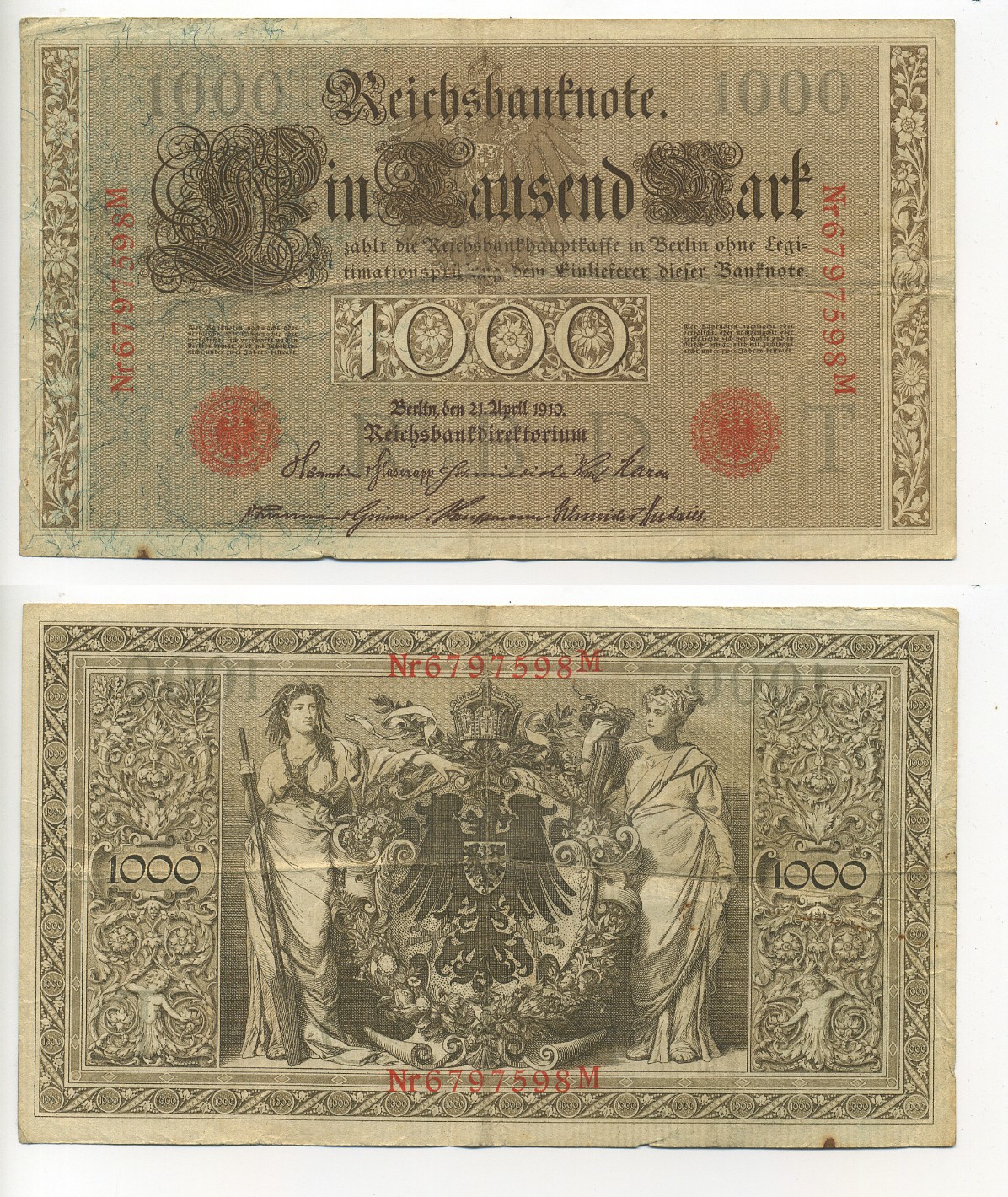 ГЕРМАНИЯ 1000 МАРОК 1910 КРАСНАЯ ПЕЧАТЬ, 7 ЦИФР В НОМЕРЕ Pick 44b бумага 7217-85-2