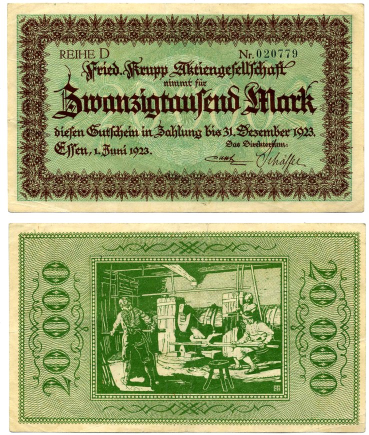 Эссен 20000 марок 1923 1 июня 1923 - 31 декабря 1923, нотгельд, земля Северный Рейн-Вестфалия, НОМЕР ЧЕРНЫЙ, REIHE D Keller 1429a бумага 2193-31-1-1