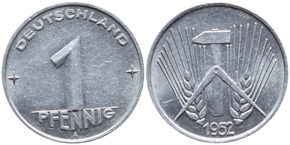 ГДР 1 ПФЕННИГ 1952 A КМ 5 алюминий 261-641