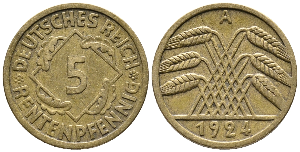 ГЕРМАНИЯ 5 РЕНТЕНПФЕННИГОВ 1924 A KM 32, J. 308 алюминиевая бронза 39-446
