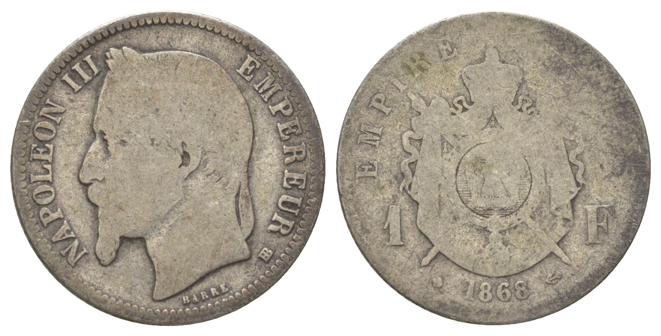 Франция 1 франк 1868 BB, Наполеон III (1852-1870) KM 806 серебро 4622-1052