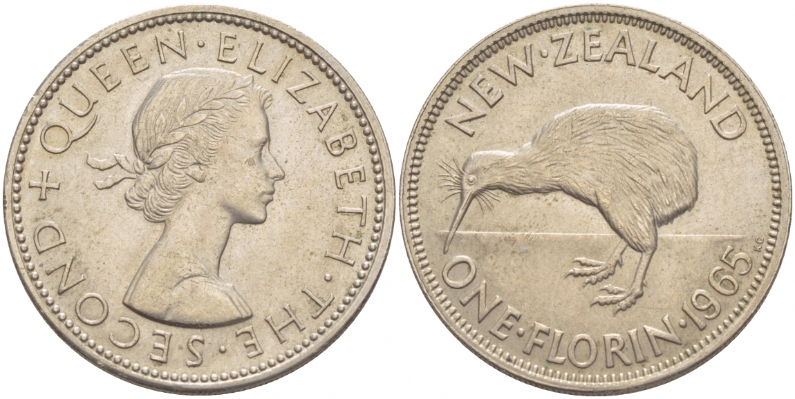 Новая Зеландия 1 флорин 1965 Елизавета II (1952-2022), птичка киви KM 28.2 медно-никель XF-UNC 51-213