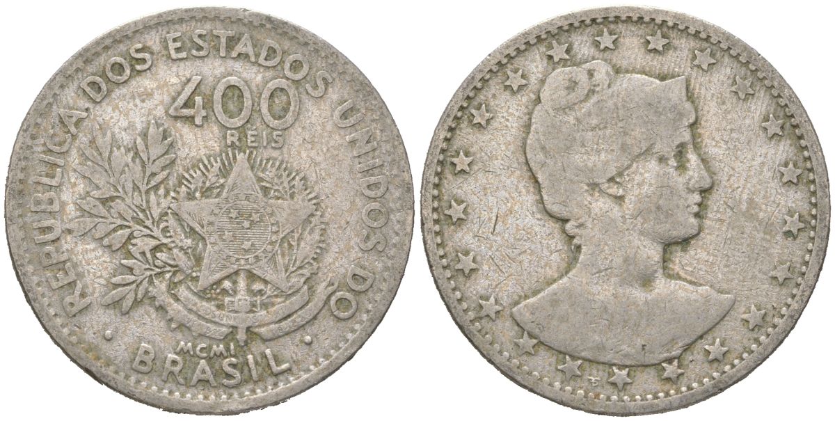 Бразилия 400 реалов 1901 MCMI, голова свободы вправо KM 505 медно-никель 4612-443