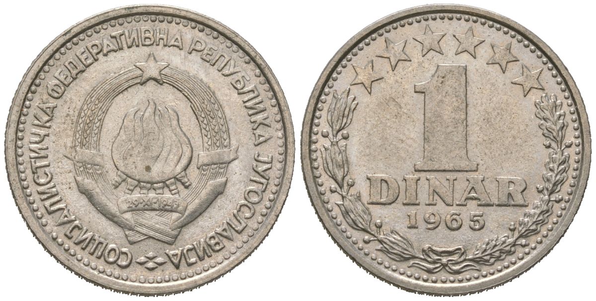 Югославия 1 динар 1968 KM 48 медно-никель aUNC 4621-348