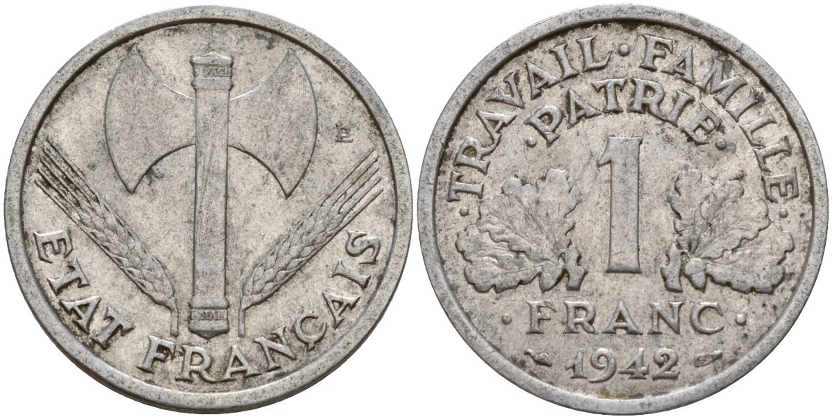 Франция 1 франк 1942 LB, тип LOURDE, правительство Виши KM 902.1, Le Franc 222.2 алюминий 4187-956