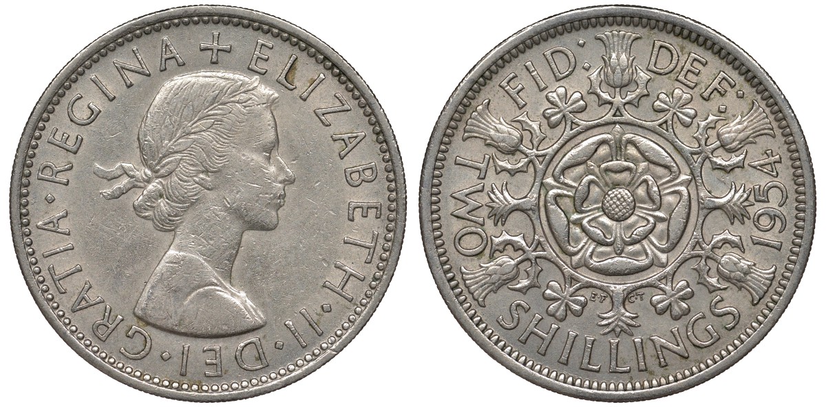 Великобритания 2 шиллинга (флорин) 1954 Елизавета II (1952-2022) KM 906, Spink 4146 медно-никель 4131-531