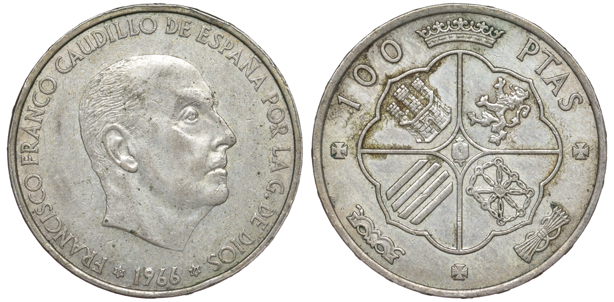 Испания 100 песет 1966 (66) Франсиско Франко (1939-1975) KM 797 серебро 4178-1242
