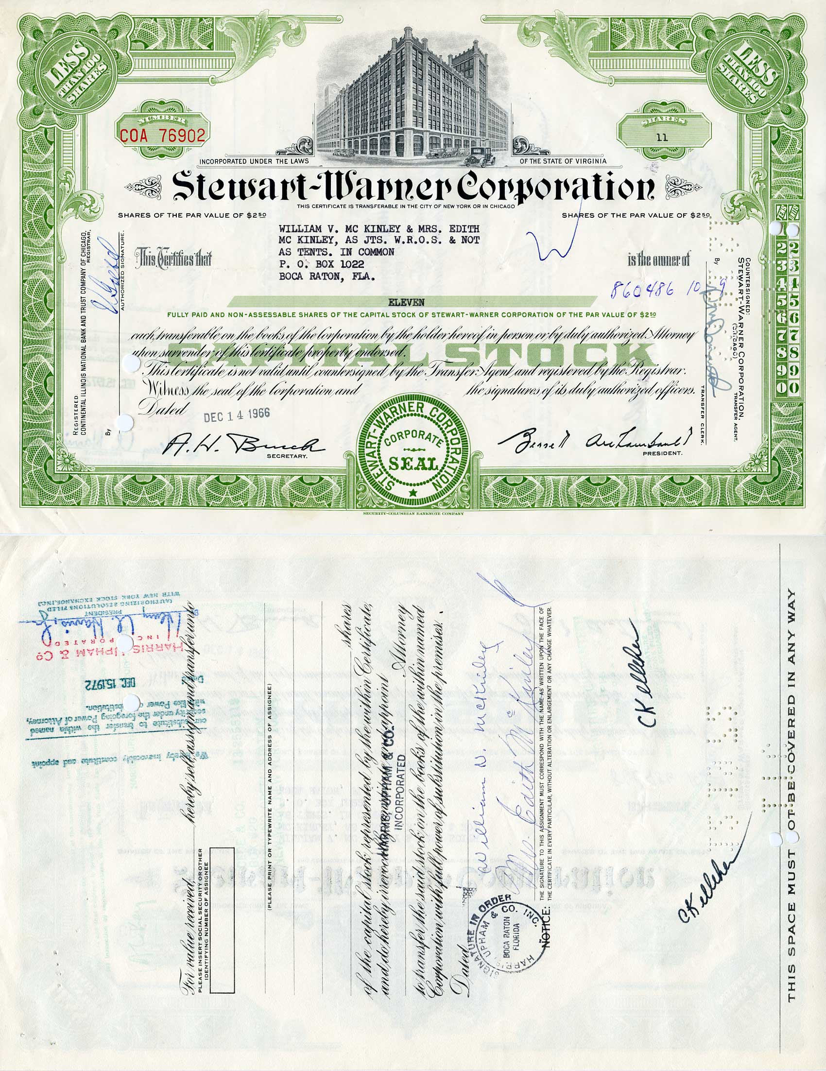 США 11 акций 1966 Стюарт-Уорнер, Stewart-Warner Corporation, производство автомобильных приборов   бумага   5547-12-1-2