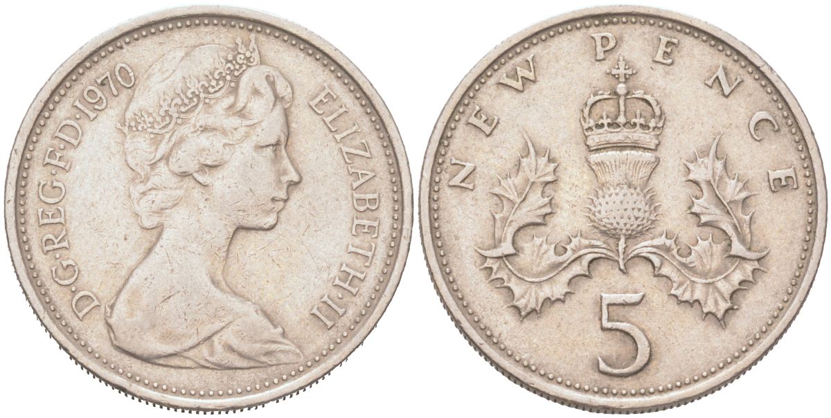 Великобритания 5 новых пенсов 1970 Елизавета II (1952-2022) KM 911, Spink D1 медно-никель 4128-344