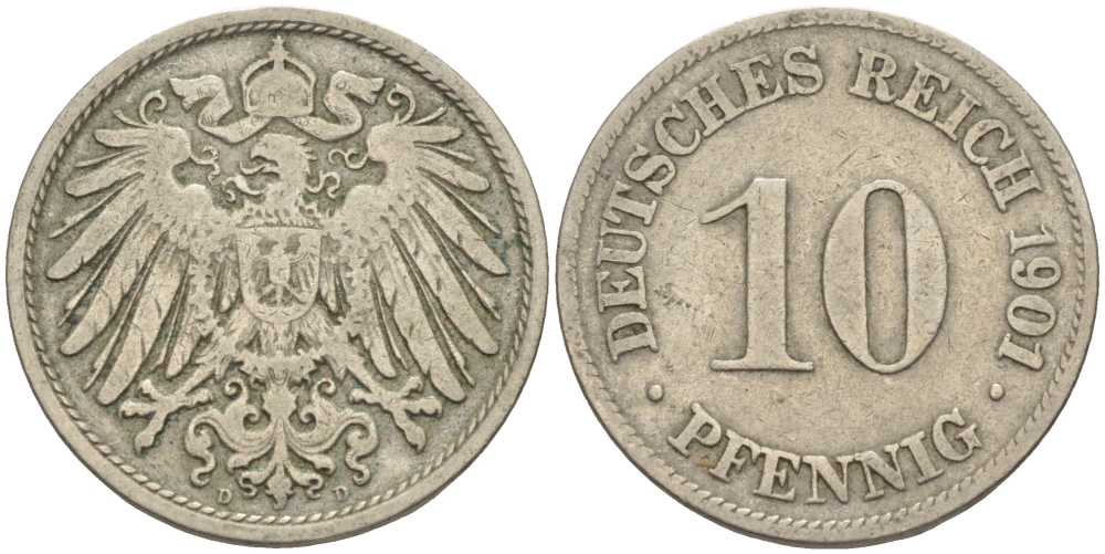 ГЕРМАНИЯ 10 ПФЕННИГОВ 1901 D KM 12, J. 13 медно-никель 4401-1232