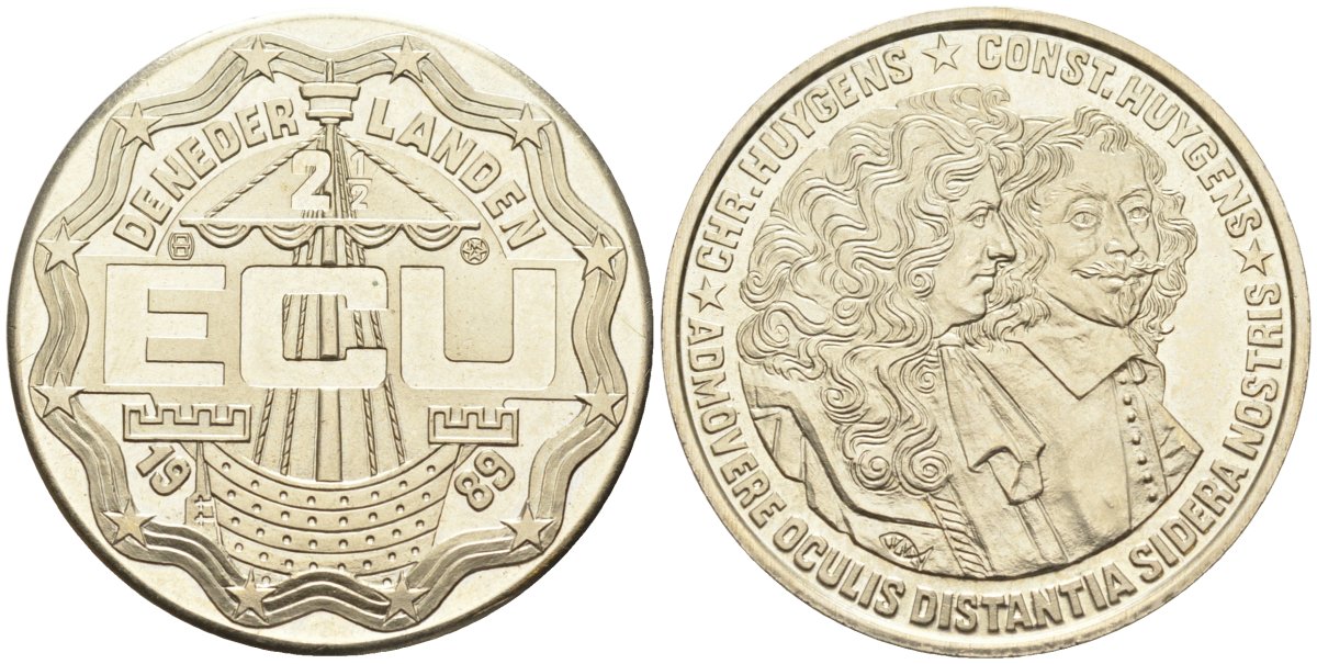 Нидерланды 2 1/2 экю 1989 Константин и Кристиан Гюйгенс, диаметр 33 мм. KM X#16 медь никель цинк UNC 81-233