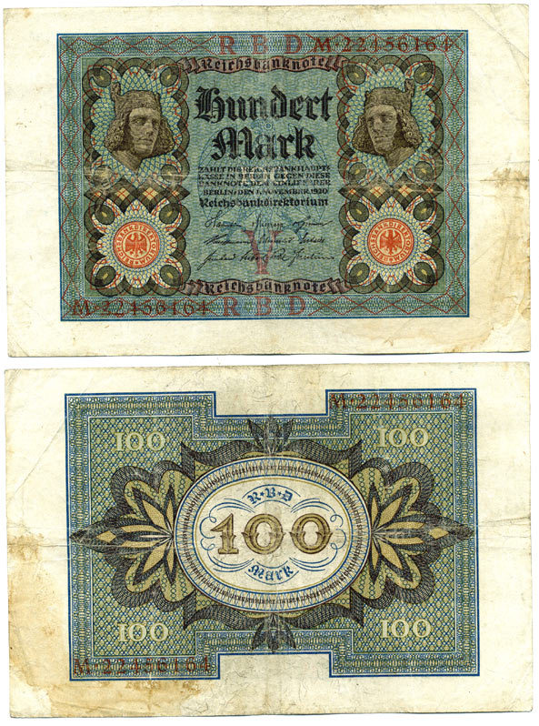 Германия 100 марок 1920 Бамбергский всадник, 8 цифр в номере Pick 69 b, Розенберг 69b бумага 3295-117-2-1