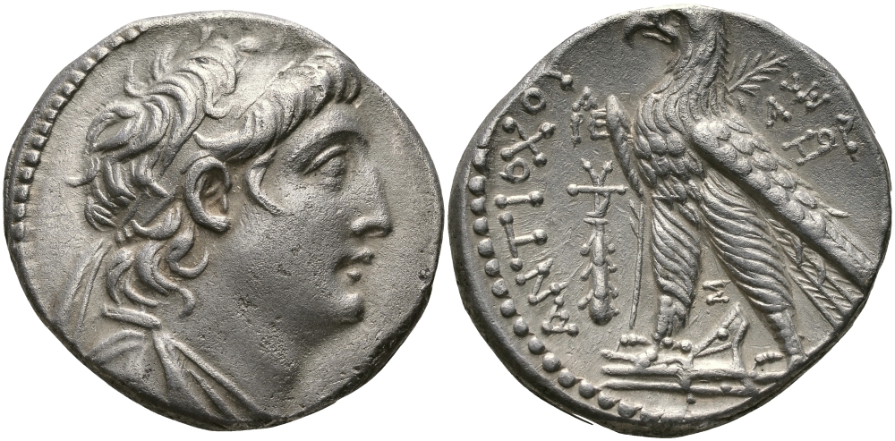 Государство Селевкидов тетрадрахма 136 - 135 гг. до н.э. Антиох VII Сидет, орел, Тир, extremely fine, 13,74 гр HGC 1074 серебро 1073-8-42