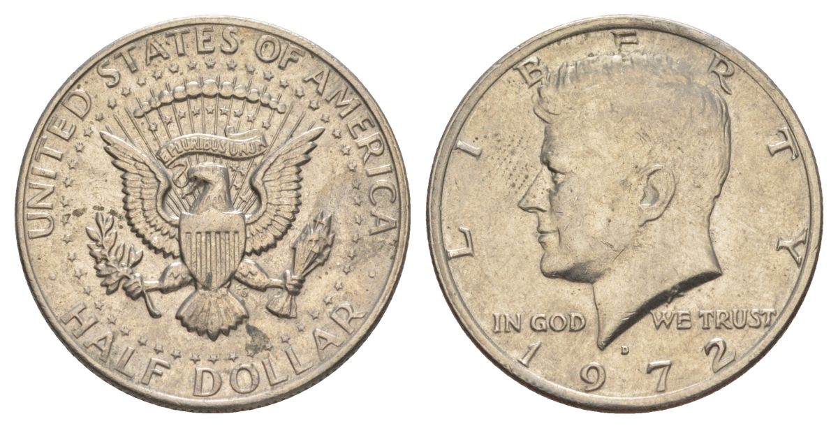 США 1/2 доллара (50 центов) 1972 D, Джон Кеннеди KM 202b медь плакированная медно-никелем aUNC 189-124