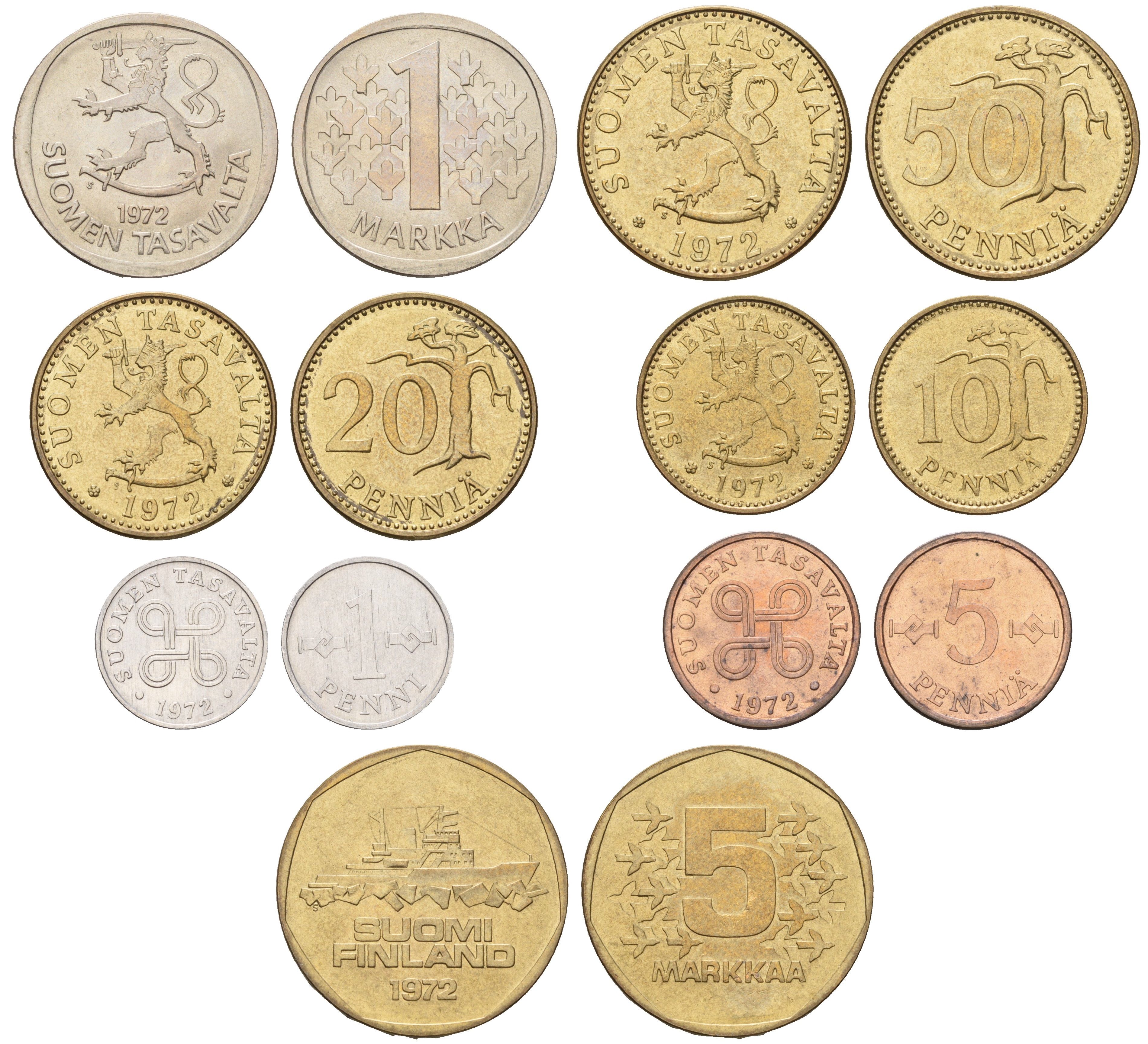 Финляндия годовой набор из 7 монет (1, 5, 10, 20 и 50 пенни; 1 и 5 марок) 1972 KM 44a, 45, 46, 47, 48, 49a и 53 UNC 4670-1121-1126