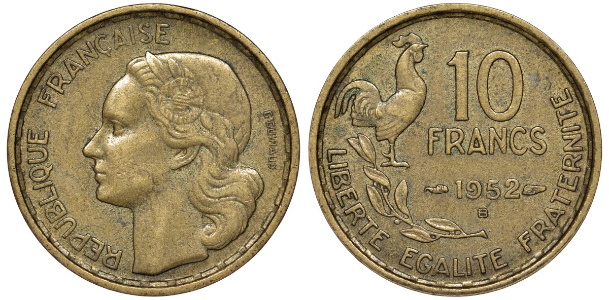 Франция 10 франков 1952 B, петух KM 915.2, Le Franc 363.5 алюминиевая бронза 51-2524