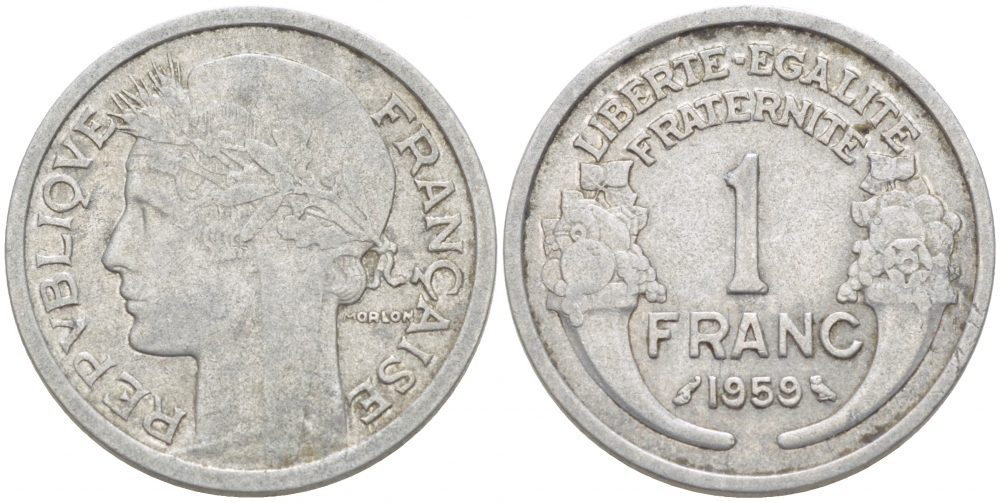 ФРАНЦИЯ 1 ФРАНК 1959 ТИП MORLON, LEGERE KM 885a.1, LE FRANC 221.23 алюминий 77-917