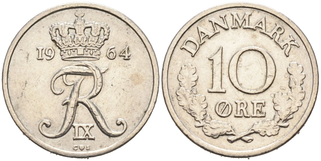 Дания 10 эре 1964 C; S, Фредерик IX (1947-1972) KM 849.1 медно-никель 4564-843