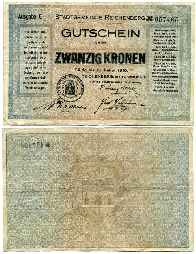 АВСТРИЯ, РИХЕНБЕРГ 20 КРОН 1919 НОТГЕЛЬД бумага 6278-38-3-2