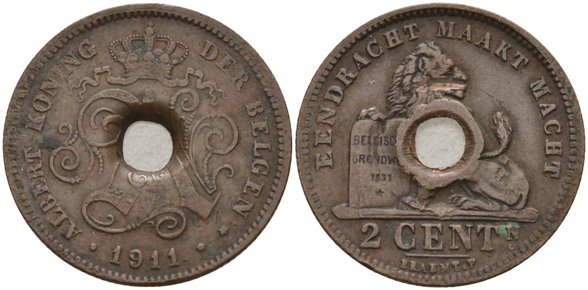 Бельгия 2 сантима 1911 BELGEN, Альберт I (1910 - 1934) KM 65 медь 4142-444